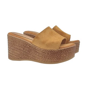 Wedge in leather-colored synthetic suede with heel 9 - Made in Italy - KCZ14 CUOIO