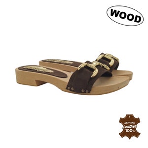 Handcrafted real wood clogs | leather band with accessory - Handmade in Italy - GL0231 CHOCOLATE