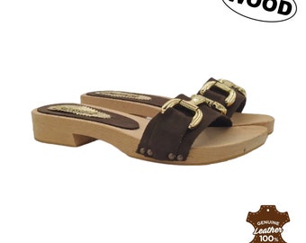 Handcrafted real wood clogs | leather band with accessory - Handmade in Italy - GL0231 CHOCOLATE