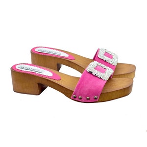 Clogs with fuchsia suede band with jewel and 4.5 cm heel - Made in Italy - GM1901 CAM MAGENTA