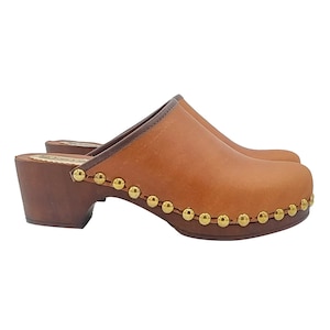 Classic brown leather Swedish clogs with 5 cm heel - Made in Italy - G3139 MARRONE