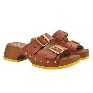 Brown leather women's clogs with double adjustable strap - Made in Italy - MY202 CUOIO
