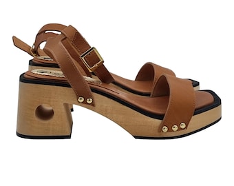 Cómodas sandalias marrones con tiras de piel y tacón de 7 cm - Made in Italy - GL116 MARRONE