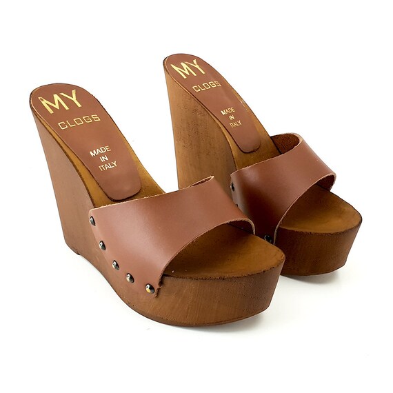 brown leather clog heels