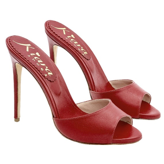 Women's Red Leather Stiletto Heel Clogs - Made in Italy