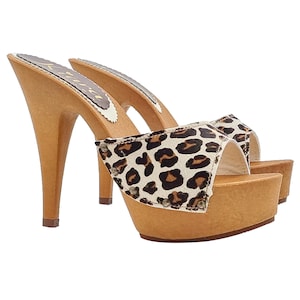 Kiara Shoes &quot;leopard effect&quot; print leather mule heel 13 cm - Made in Italy - K93001 SAF