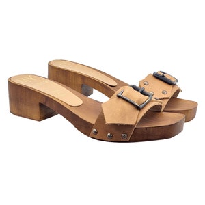 Low clogs with brown leather band with buckle and 4.5 cm heel - Made in Italy - MY9877 MARRONE CUOIO