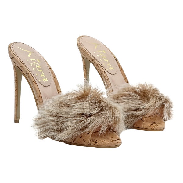 Cork sandal with synthetic fur heel 12 open toe - Made in Italy - KE09940 SUGHERO