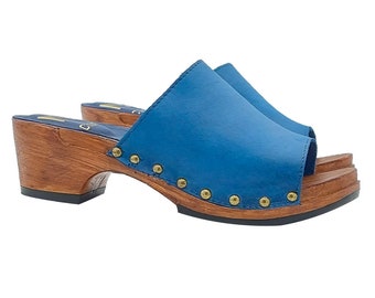 Low turquoise clogs with wide leather band - Made in Italy - MY200 TURCHESE