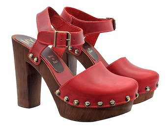 Red Swedish clogs closed with high heel and strap -MY462 ROSSO