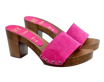Clogs with comfortable heel & suede band - Made in Italy - MY47 CAM FUXIA
