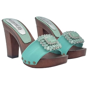 Women&#39;s clogs with Boreal accessory, 10 cm heel - G8051 VERDE ACQUA