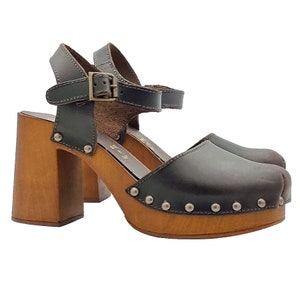 Brown Dutch clogs with strap and 8.5 cm heel - Made in Italy - MY258 MARRONE