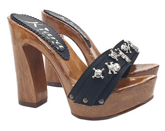 Women's sandals with silver skull and comfy heel -KH12 NERO