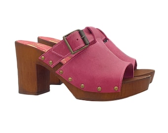 Sabots suédois pour femmes à talon 8 en cuir Fabriqué en Italie - MY160 FUXIA