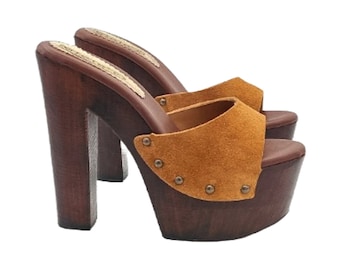 brown suede clogs with very high platform -G701 CAMOSCIO