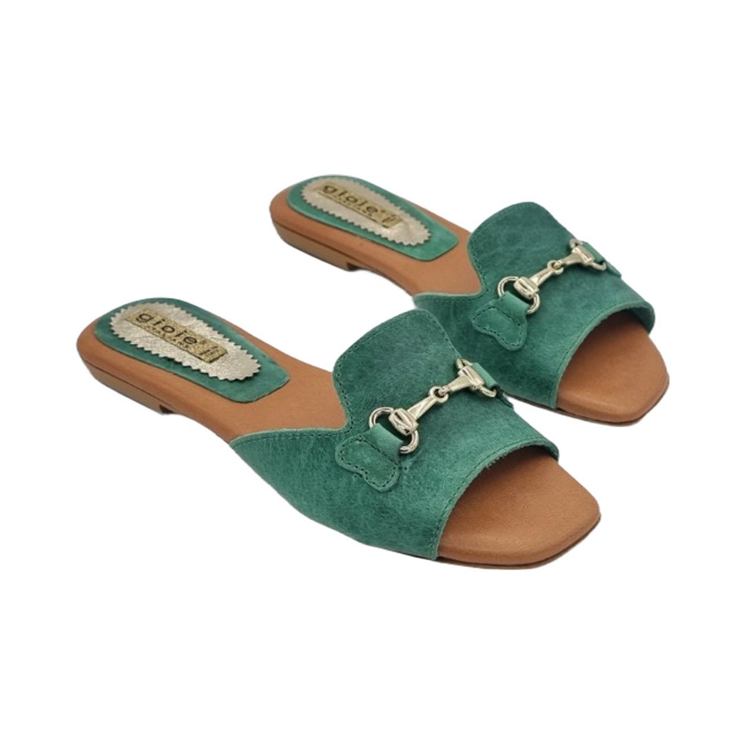 サンダル・ミュール Green Gold Braided Leather Sandals Green Sandals With Gold Accessory - Made in Italy - PF393