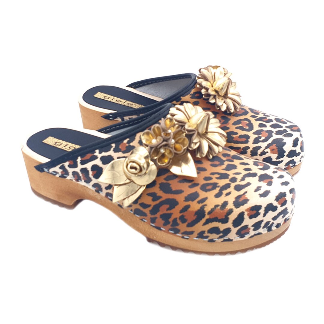 Dutch Women's Clogs Upper Decorated With Jewel Accessory MY6433 LEOP