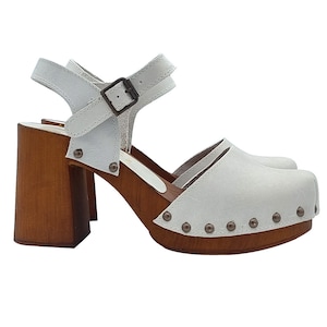 White Swedish clogs with strap and 8.5 cm heel - Made in Italy - MY258 BIANCO