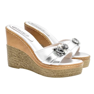 Wedges jeweled silver in handcrafted leather heel 11 cm - GZ41021 ARGENTO