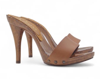 lacquered brown leather clogs heel 12 -KM7202 CUOIO
