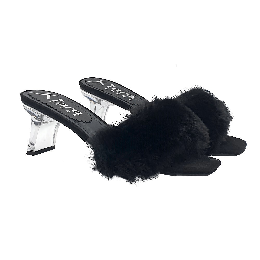 Black Heels Slippers With Feathers - Main Image