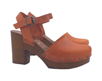 Schwedische Clogs in Hellbraun mit 9 cm Absatz – Hergestellt in Italien - MY126 PELLE CUOIO