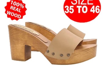 Clogs mit Hellbraun Lederband mit 9 cm Absatz - VON 35 bis 46 - GL201 TORT
