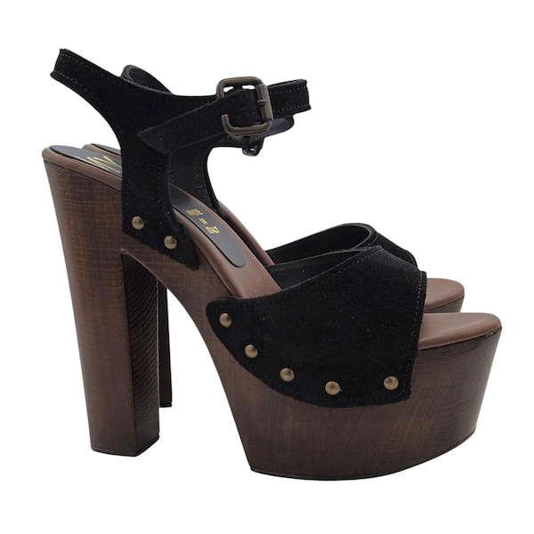 Very High Black Suede Clogs - artisanal production - MY38 CAM NERO
