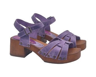 Wisteria-colored clogs with crossed leather bands and 6 cm heels - Made in Italy - MY306 GLICINE