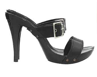 Black mules with double band in leather with buckle and heel 13 - Made in Italy - KM75310 NERO