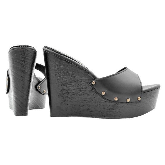 Sandalias negras de cuña en piel con tacón de 13 cm Made in | Etsy España