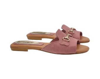 Pink leather flat sandals with accessory - Made in Italy - PF393 ROSA