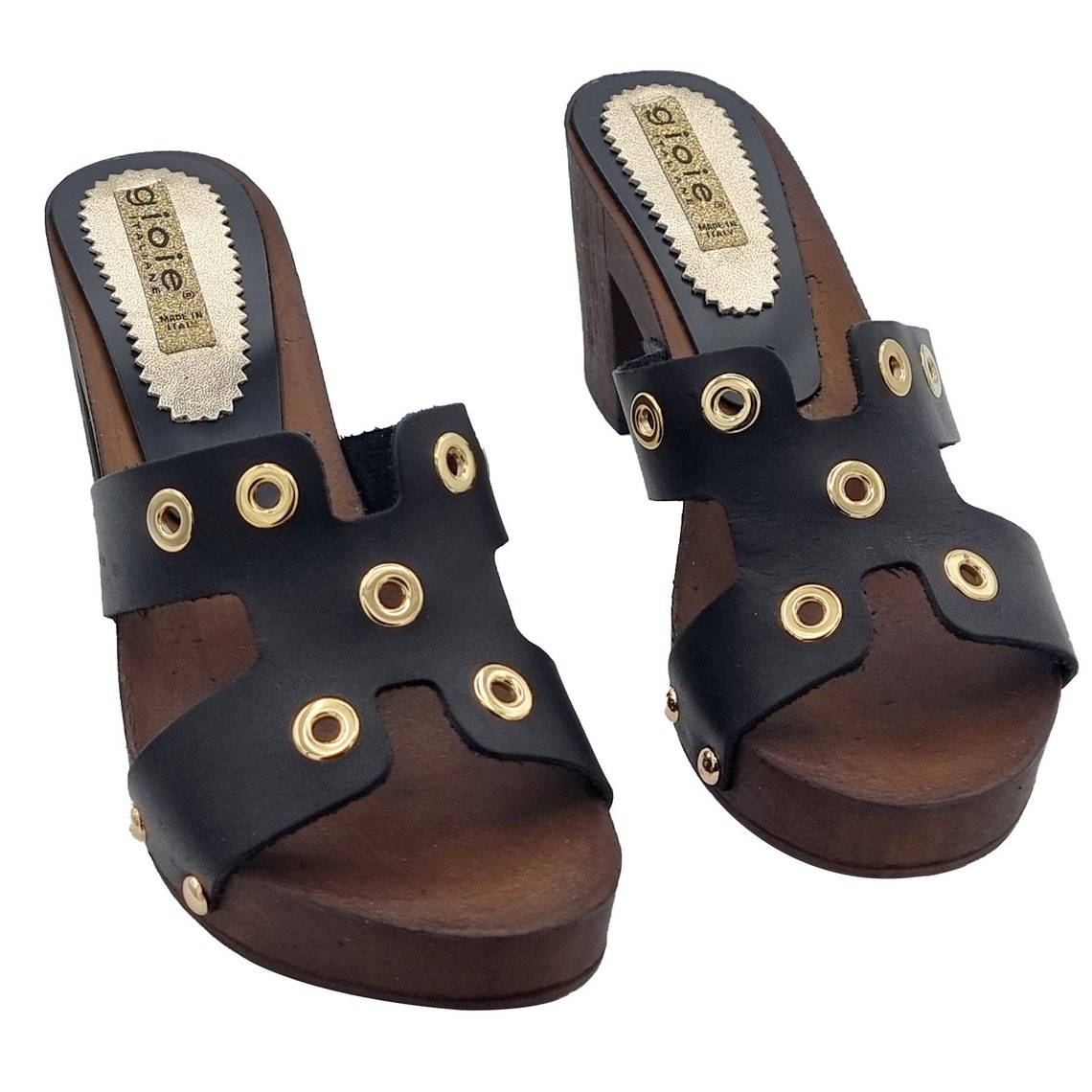 Mules Noires à Talon Bloc Doré 7cm - Fabriqué En Italie - Taille 35-42 - NEUVES