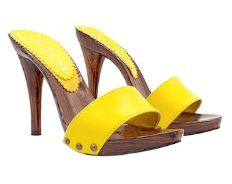 Sabots jaunes avec bande en cuir et talon 12 - Made in Italy - KM7203 GIALLO