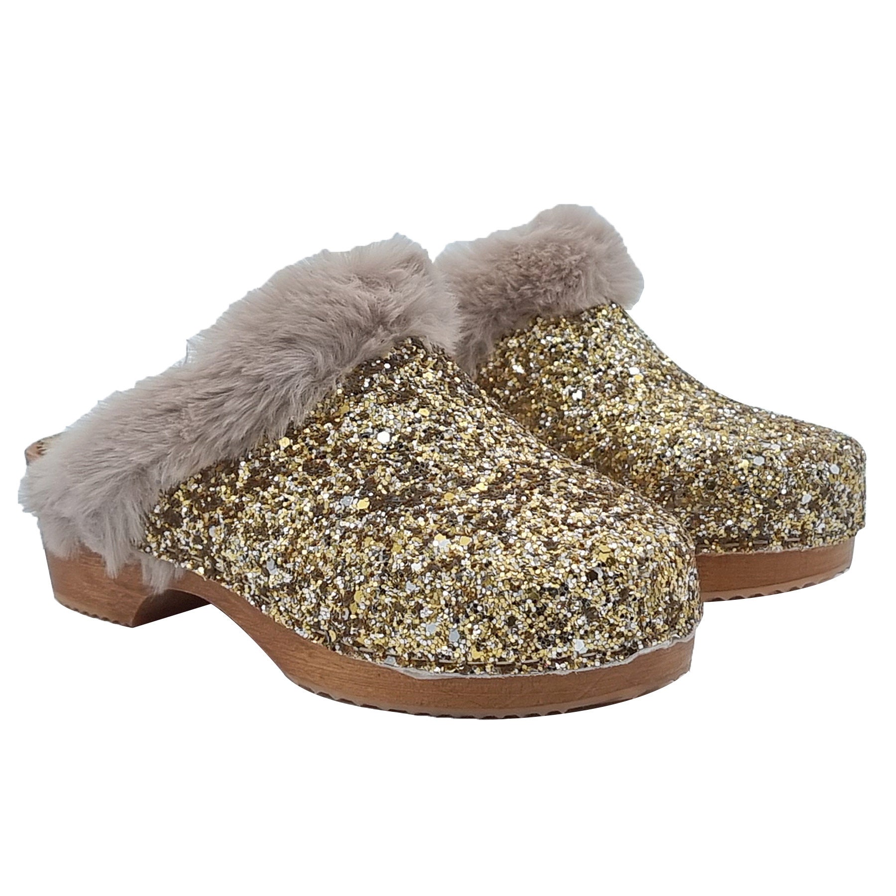 Shiny Clogs Gold Glitter Girl's Clogs With Synthetic Fur - Made in Italy - GL114 ...