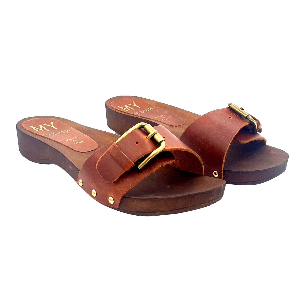 leather clogs with strap