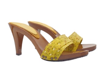 Summer women's Mules with heel 9 Band in decorated fabric - K6701 PRIM GIALLO