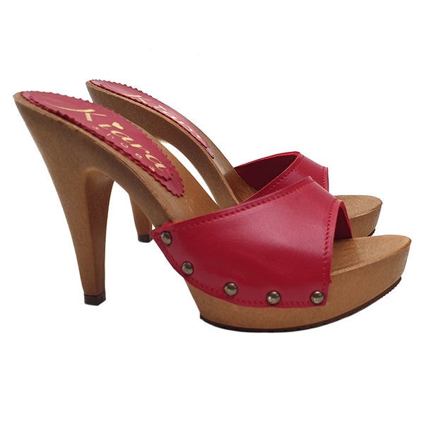 Red clogs with leather upper heel 11 -K213001p ROSSO