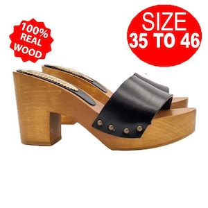Clogs in real black leather and comfortable 9 cm heel - FROM 35 to 46 - GL201 NERO LUCIDO