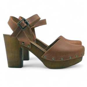 Swedish sandals leather-colored with strap and heel 9 - Made in Italy - MY230 MARRONE