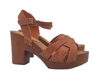 Sandalias de piel para mujer, tacón de 9 cm - Made in Italy - MY325 MARRONE