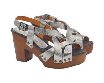 Silver leather clogs with adjustable strap - MY328 ARGENTO