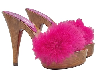 Fuchsia clogs with synthetic fur and 13 heel - Made in Italy - K9140 FUXIA