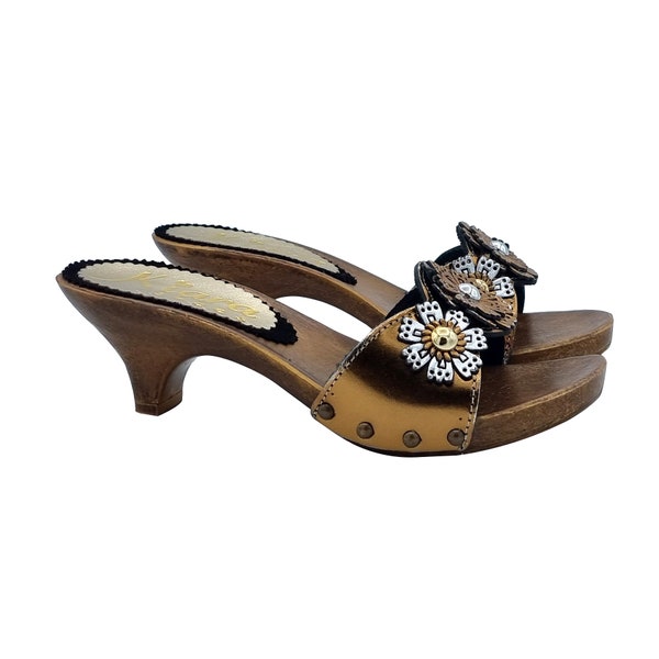 Vintage clogs with bronze laminated band with flowers | 6 cm heel - Made in Italy - KV3020 BRONZO