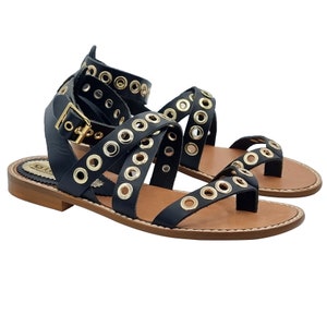 Low black leather thong sandals with gold studs and strap - PF392 NERO