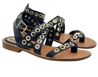 Low black leather thong sandals with gold studs and strap - PF392 NERO