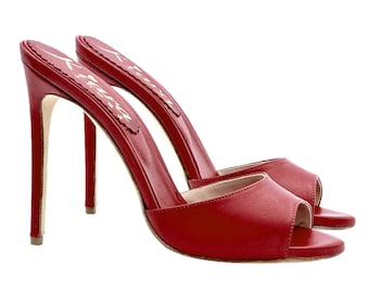Women's Red Leather Stiletto Heel Clogs Made in Italy KE099
