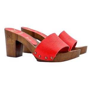 Heeled clogs - 7.5 cm red leather band - Made in Italy - MY47 ROSSO BOTT