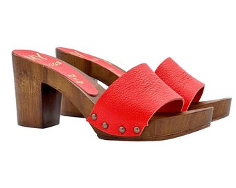 Heeled clogs - 7.5 cm red leather band - Made in Italy - MY47 ROSSO BOTT